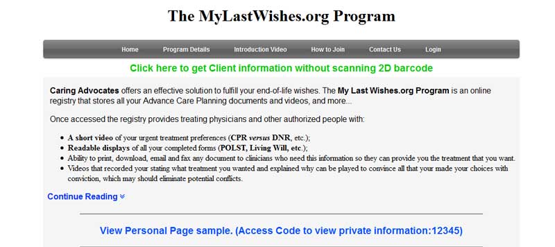 Information and client site to store end of life wishes, documents and videos.
